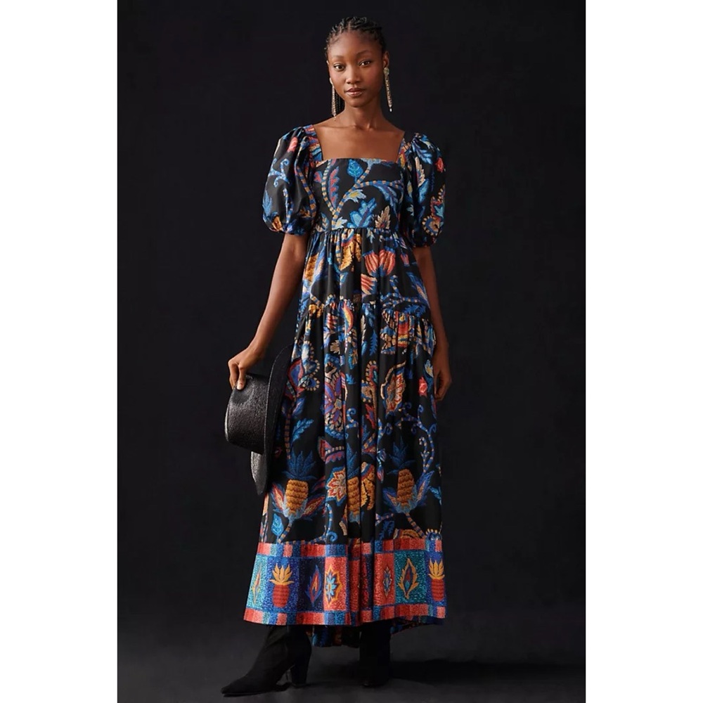 FARM Rio Black Sunset Tapestry Organic Cotton Puff-Sleeve Maxi Floral Dress